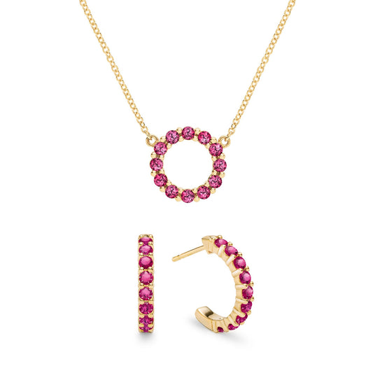 Rosecliff Small Circle Ruby Necklace and Huggie Hoop Earrings Set in 14k Gold (July)