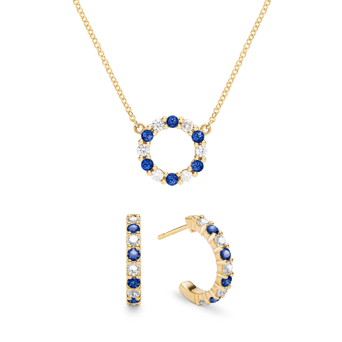 Rosecliff Small Circle Diamond & Sapphire Necklace and Huggie Hoop Earrings Set in 14k Gold (September)