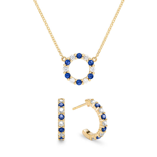 Rosecliff Small Circle Diamond & Sapphire Necklace and Huggie Hoop Earrings Set in 14k Gold (September)