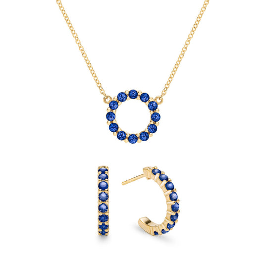 Rosecliff Small Circle Sapphire Necklace and Huggie Hoop Earrings Set in 14k Gold (September)