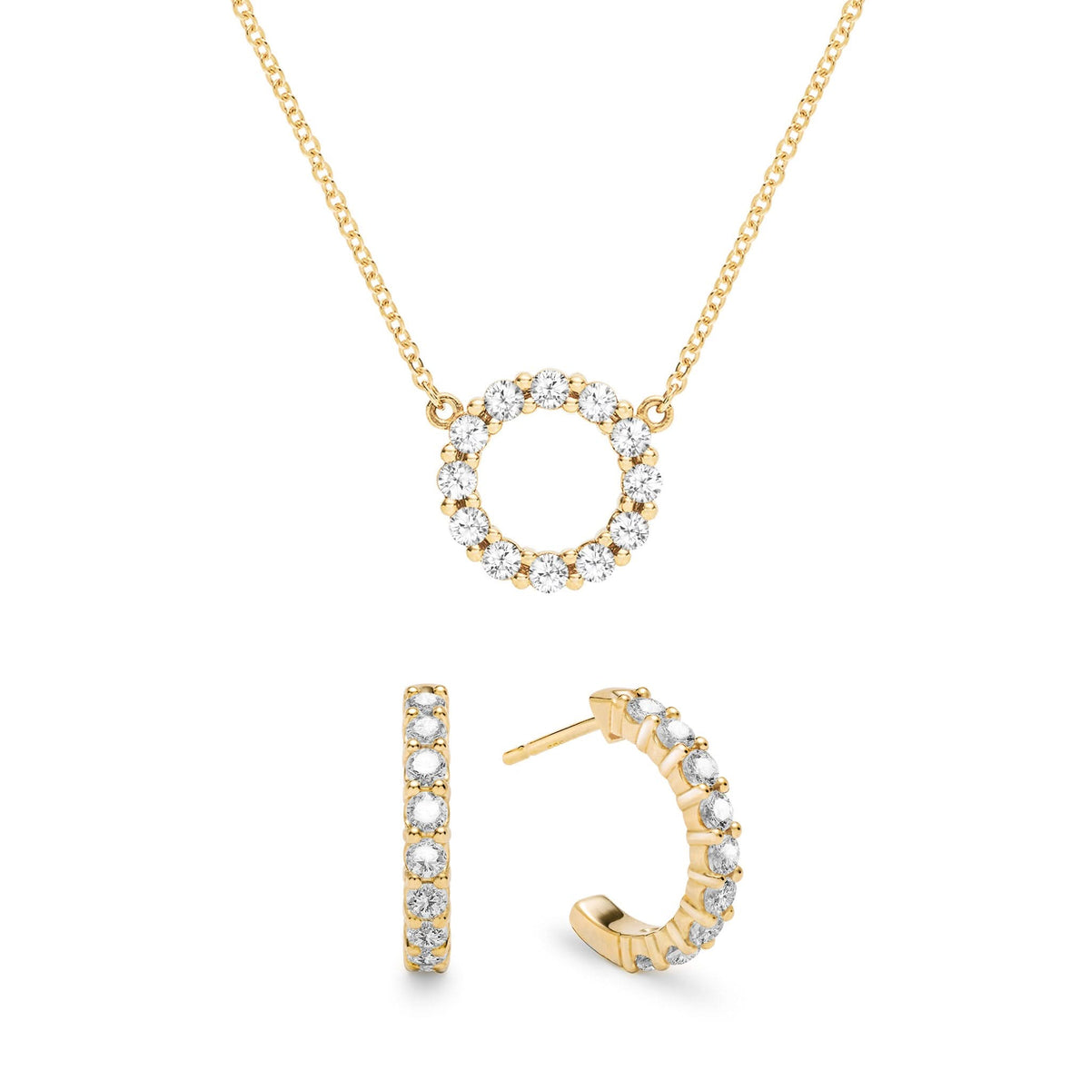 Rosecliff Small Circle White Topaz Necklace and Huggie Hoop Earrings Set in 14k Gold (April)