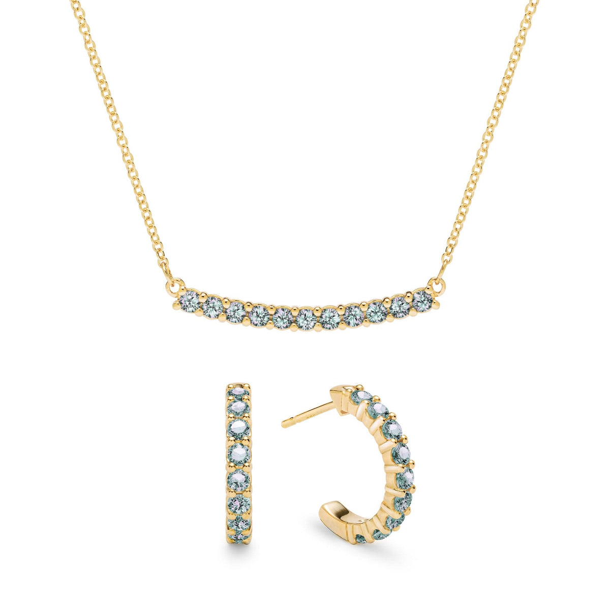 Rosecliff Alexandrite Bar Necklace and Huggie Hoop Earrings Set in 14k Gold (June)