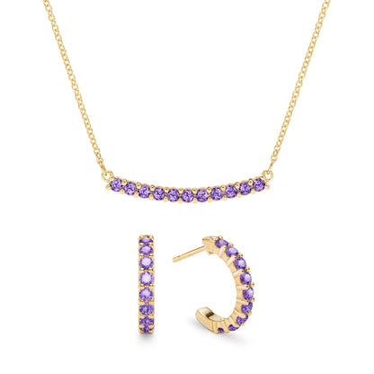 Rosecliff Amethyst Bar Necklace and Huggie Hoop Earrings Set in 14k Gold (February)