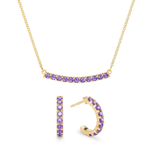 Rosecliff Amethyst Bar Necklace and Huggie Hoop Earrings Set in 14k Gold (February)