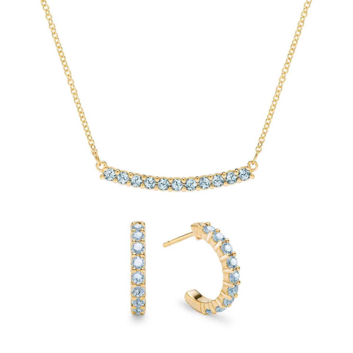 Rosecliff Nantucket Blue Topaz Bar Necklace and Huggie Hoop Earrings Set in 14k Gold (December)