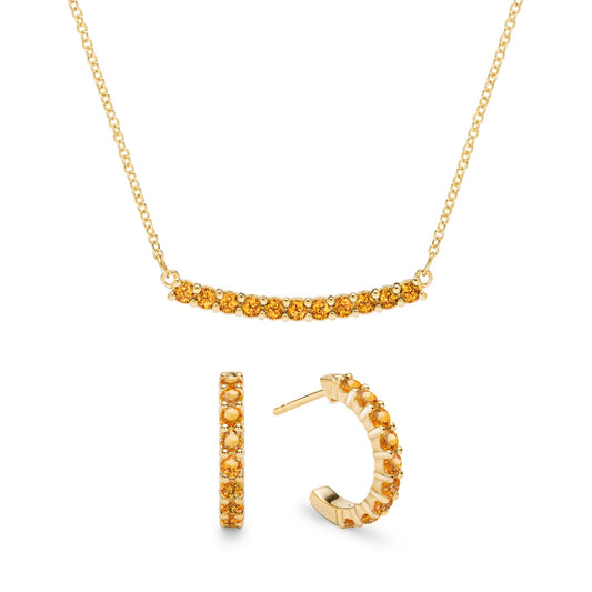 Rosecliff Citrine Bar Necklace and Huggie Hoop Earrings Set in 14k Gold (November)