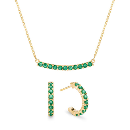Rosecliff Emerald Bar Necklace and Huggie Hoop Earrings Set in 14k Gold (May)