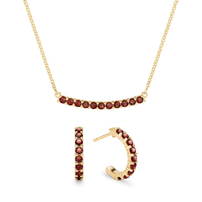 Rosecliff Garnet Bar Necklace and Huggie Hoop Earrings Set in 14k Gold (January)