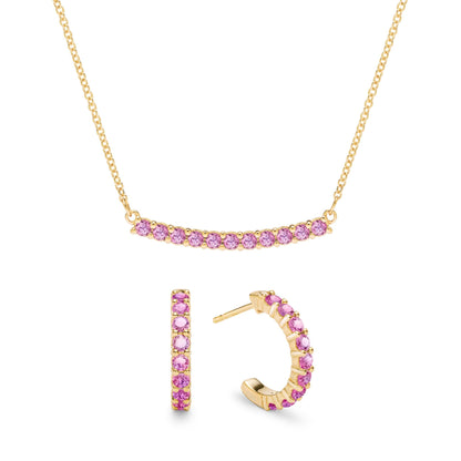 Rosecliff Pink Sapphire Bar Necklace and Huggie Hoop Earrings Set in 14k Gold (October)