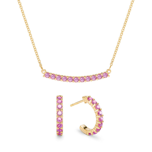 Rosecliff Pink Sapphire Bar Necklace and Huggie Hoop Earrings Set in 14k Gold (October)