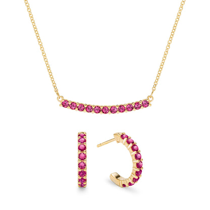 Rosecliff Ruby Bar Necklace and Huggie Hoop Earrings Set in 14k Gold (July)