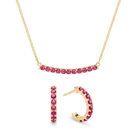 Rosecliff Ruby Bar Necklace and Huggie Hoop Earrings Set in 14k Gold (July)