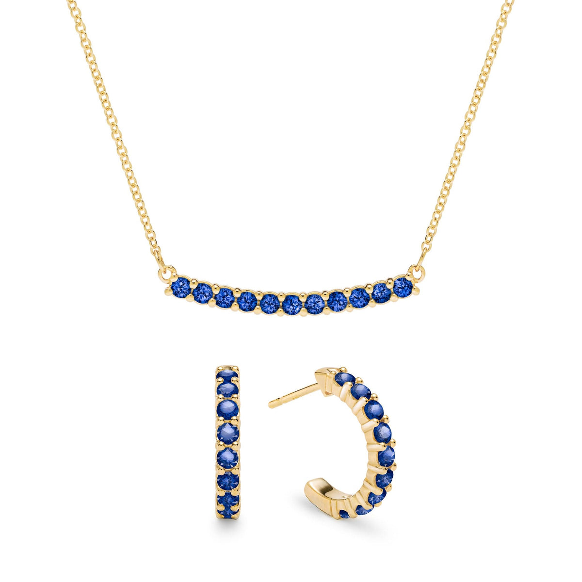 Rosecliff Sapphire Bar Necklace and Huggie Hoop Earrings Set in 14k Gold (September)