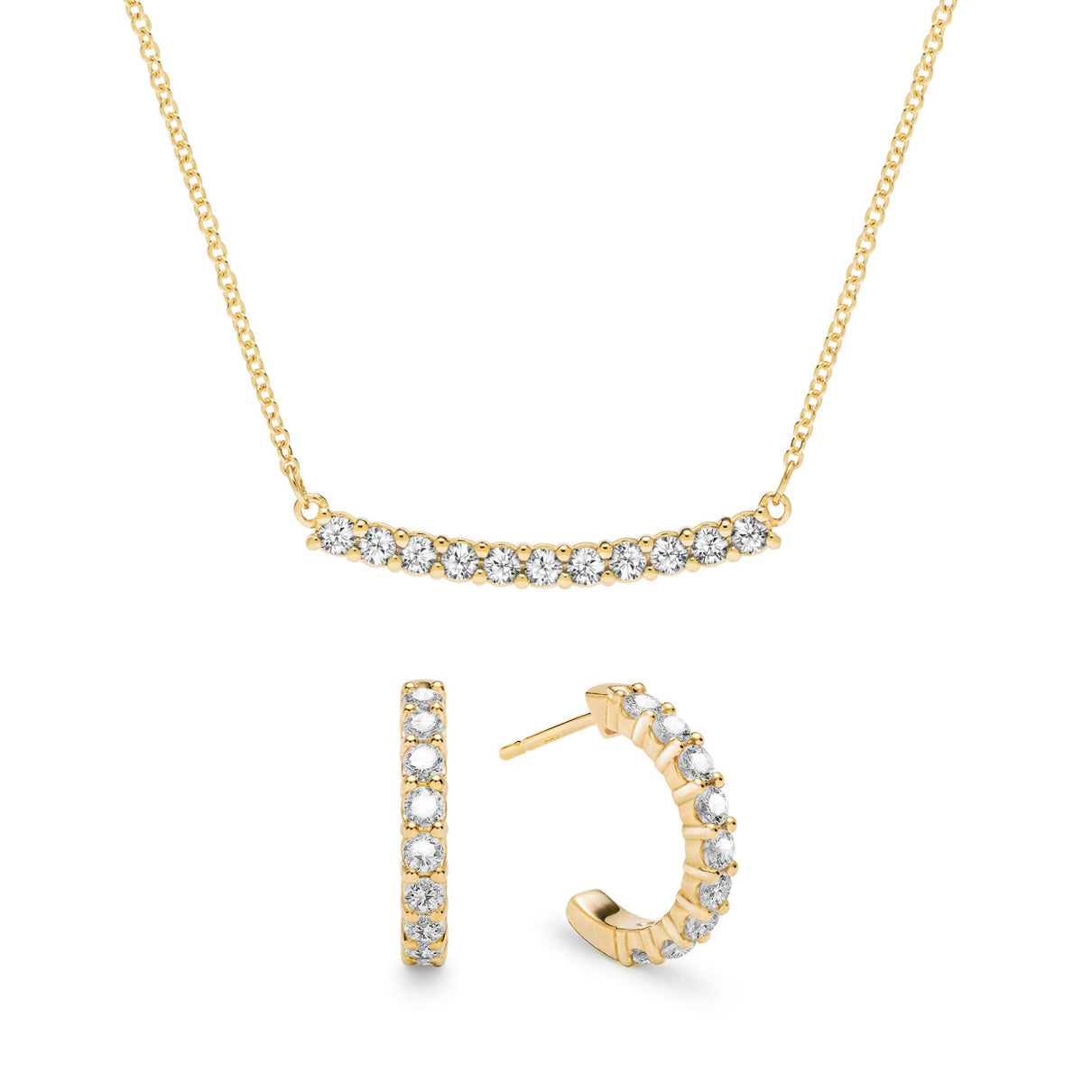 Rosecliff White Topaz Bar Necklace and Huggie Hoop Earrings Set in 14k Gold (April)