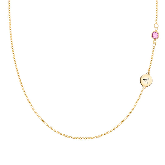 1 Letter & 1 Petite Pink Sapphire Necklace in 14k Gold (October)