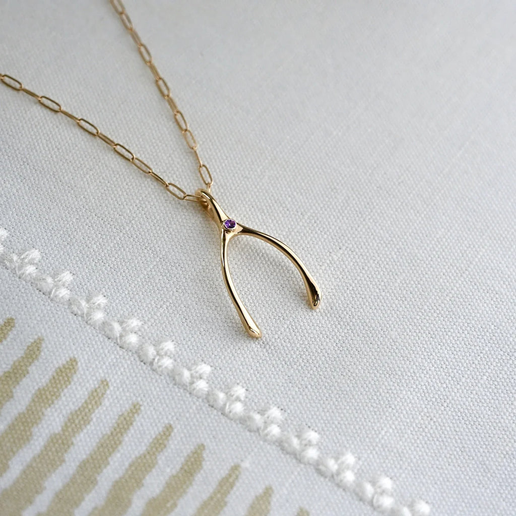 Large Amethyst Wishbone Pendant in Solid 14k Gold (February)