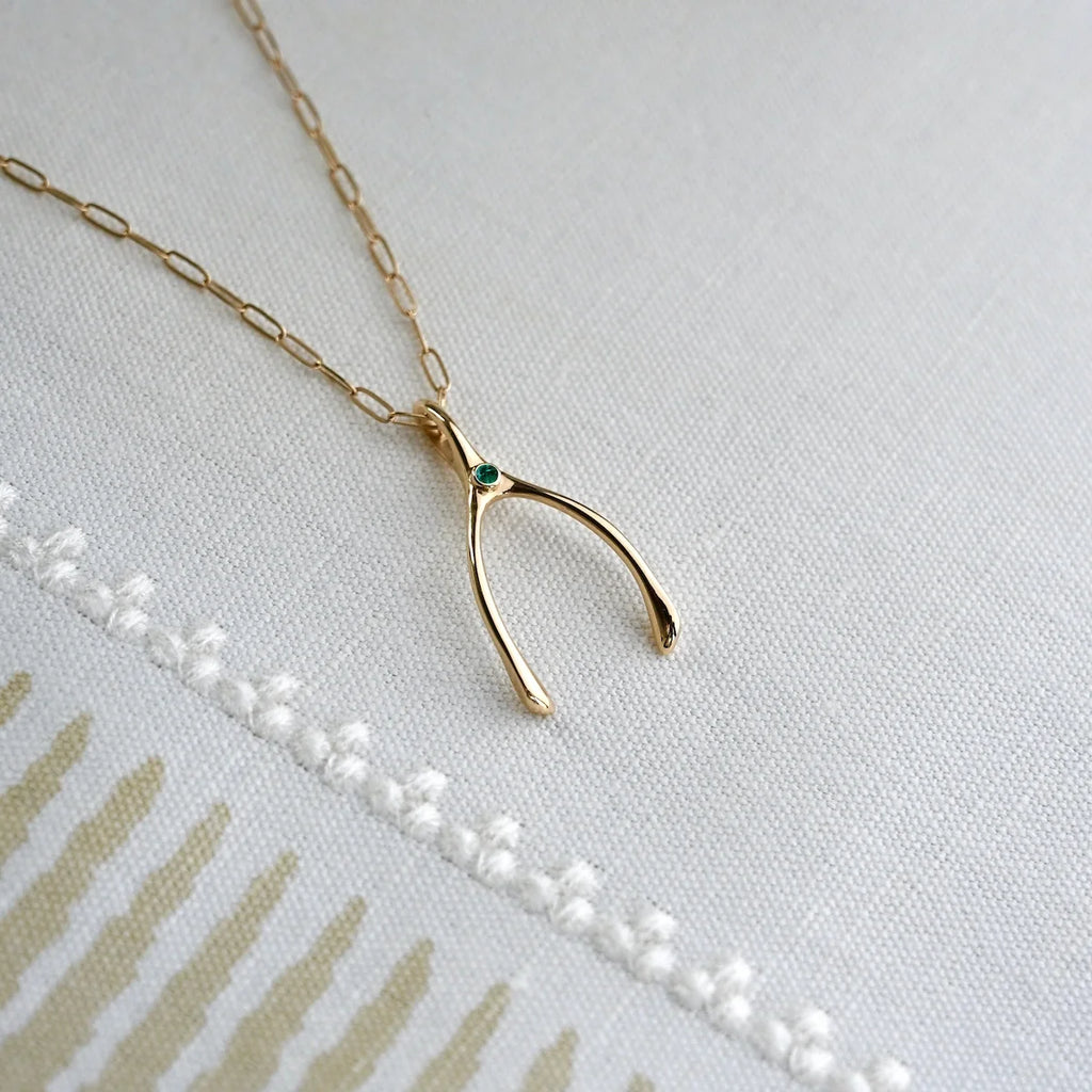Large Emerald Wishbone Pendant in Solid 14k Gold (May)