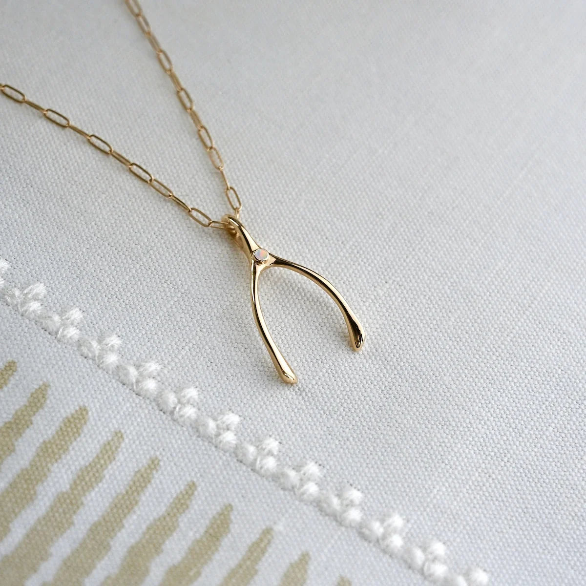 Large Opal Wishbone Pendant in Solid 14k Gold (October)