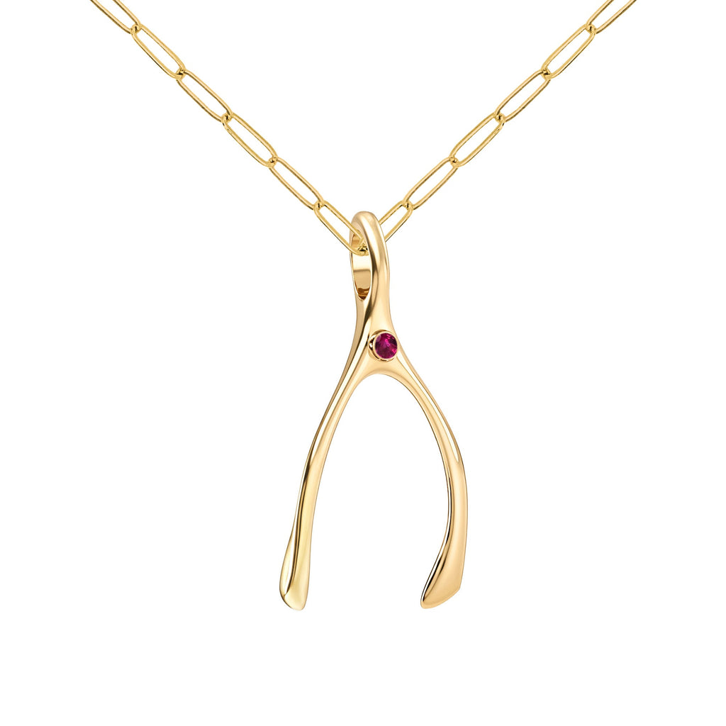 Large Ruby Wishbone Pendant in Solid 14k Gold (July)