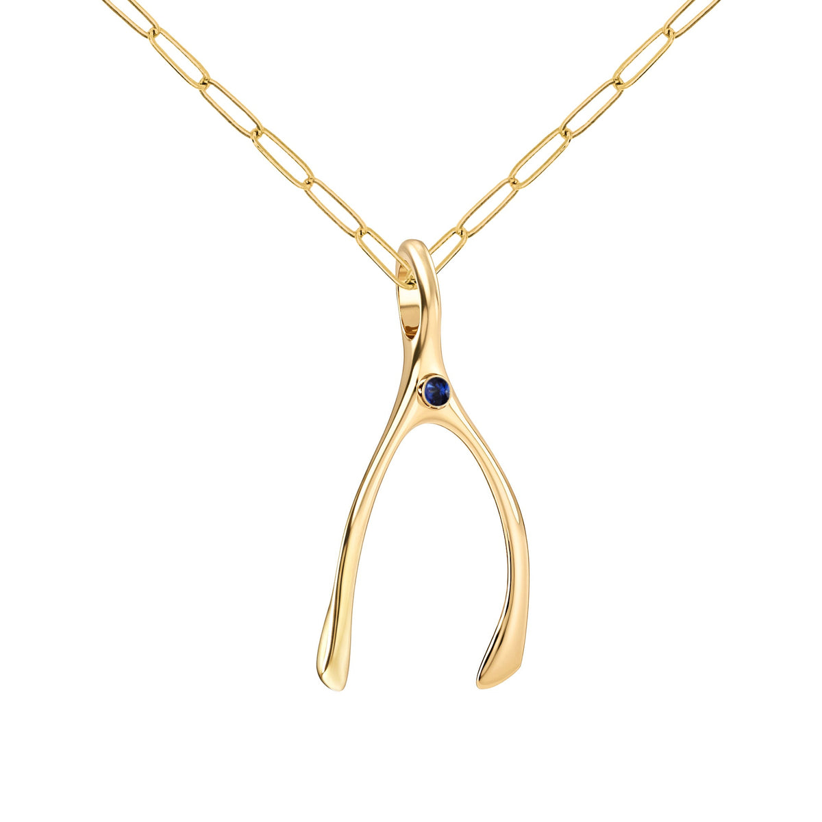 Large Sapphire Wishbone Pendant in Solid 14k Gold (September)