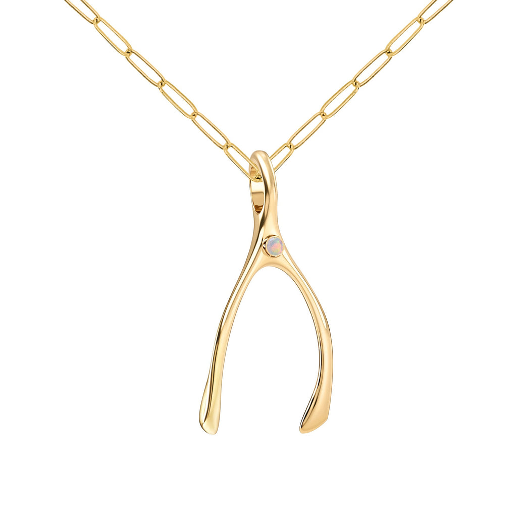 Large Opal Wishbone Pendant in Solid 14k Gold (October)
