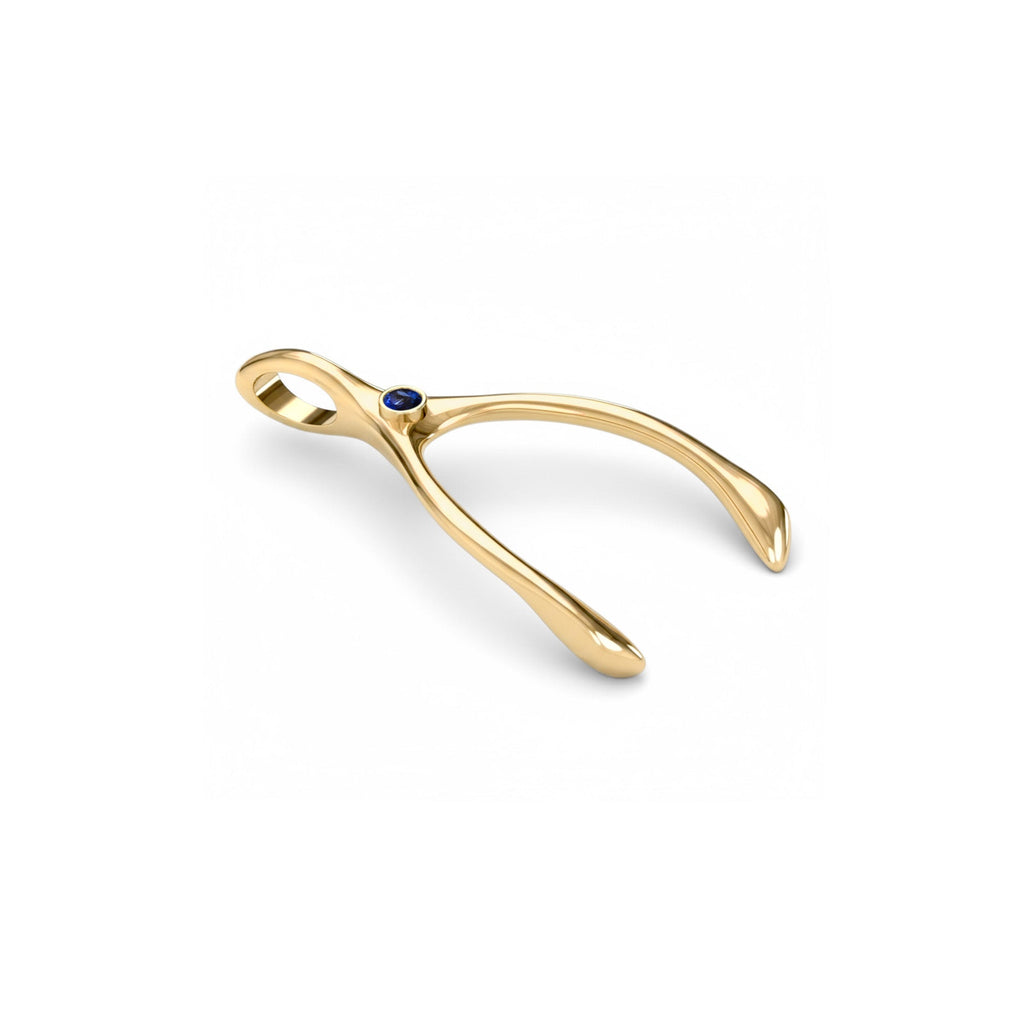 Large Sapphire Wishbone Pendant in Solid 14k Gold (September)