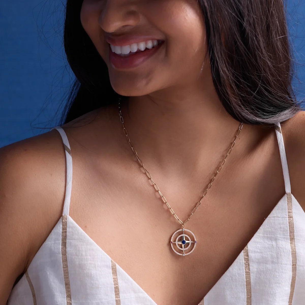 Large Compass Birthstone Pendant in 14k Gold