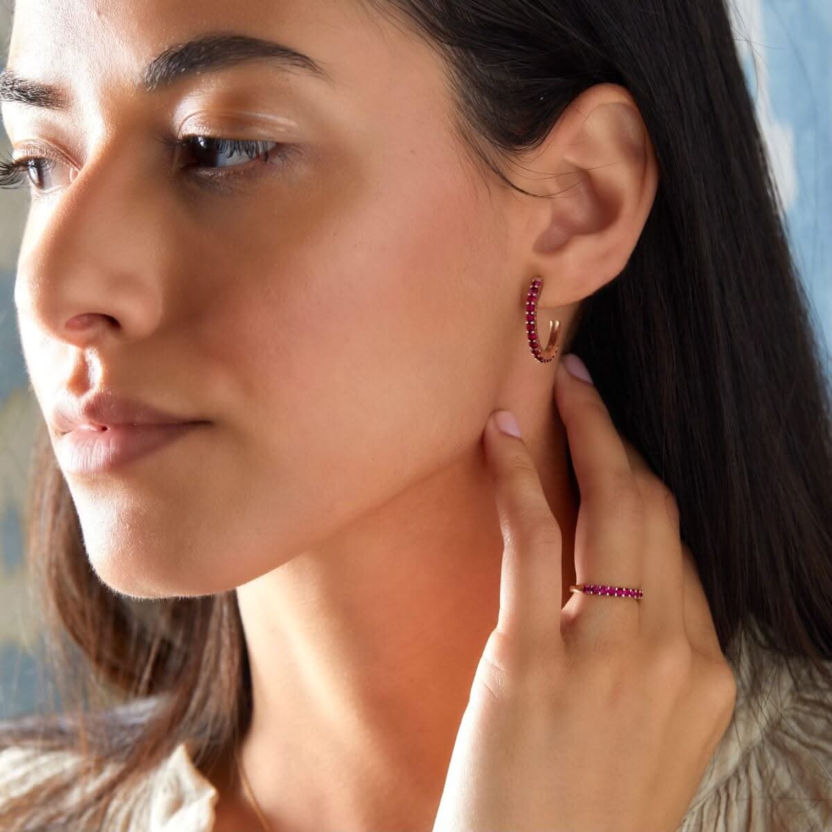 Rosecliff Ruby Hoop Earrings in 14k Gold (July)