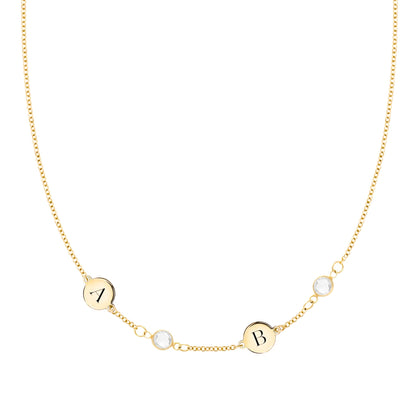 2 Letter & 2 Petite Birthstone Necklace in 14k Gold (Single Spacing)