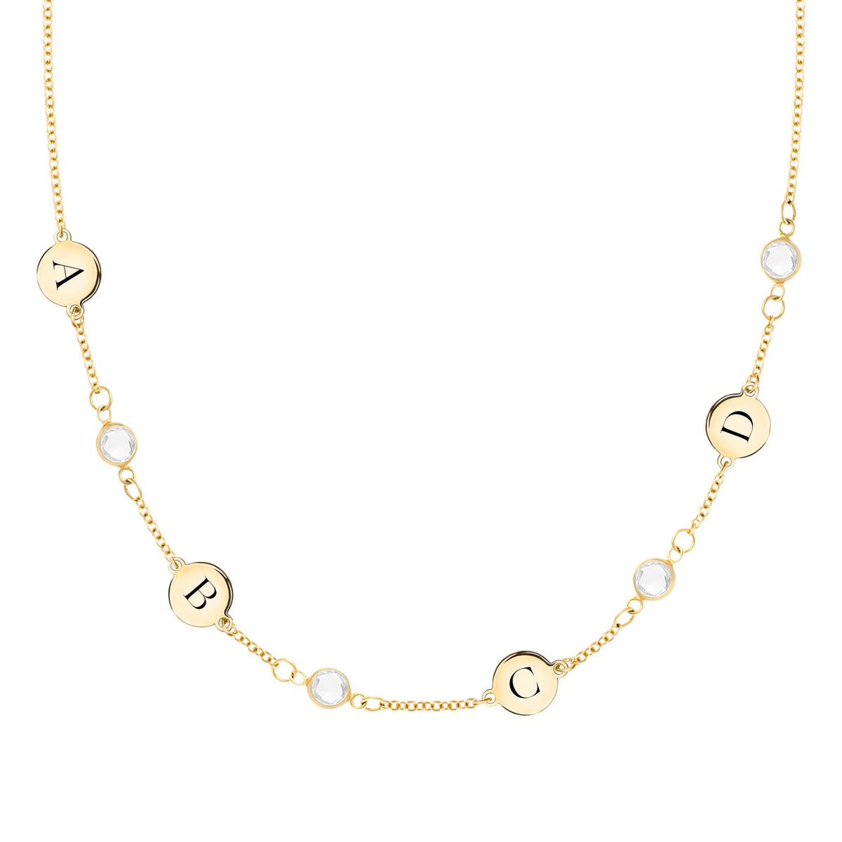4 Letter & 4 Petite Birthstone Necklace in 14k Gold (Single Spacing)
