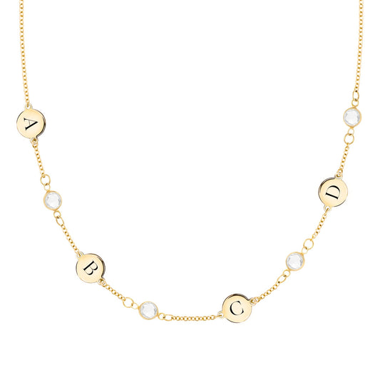 4 Letter & 4 Petite Birthstone Necklace in 14k Gold (Single Spacing)