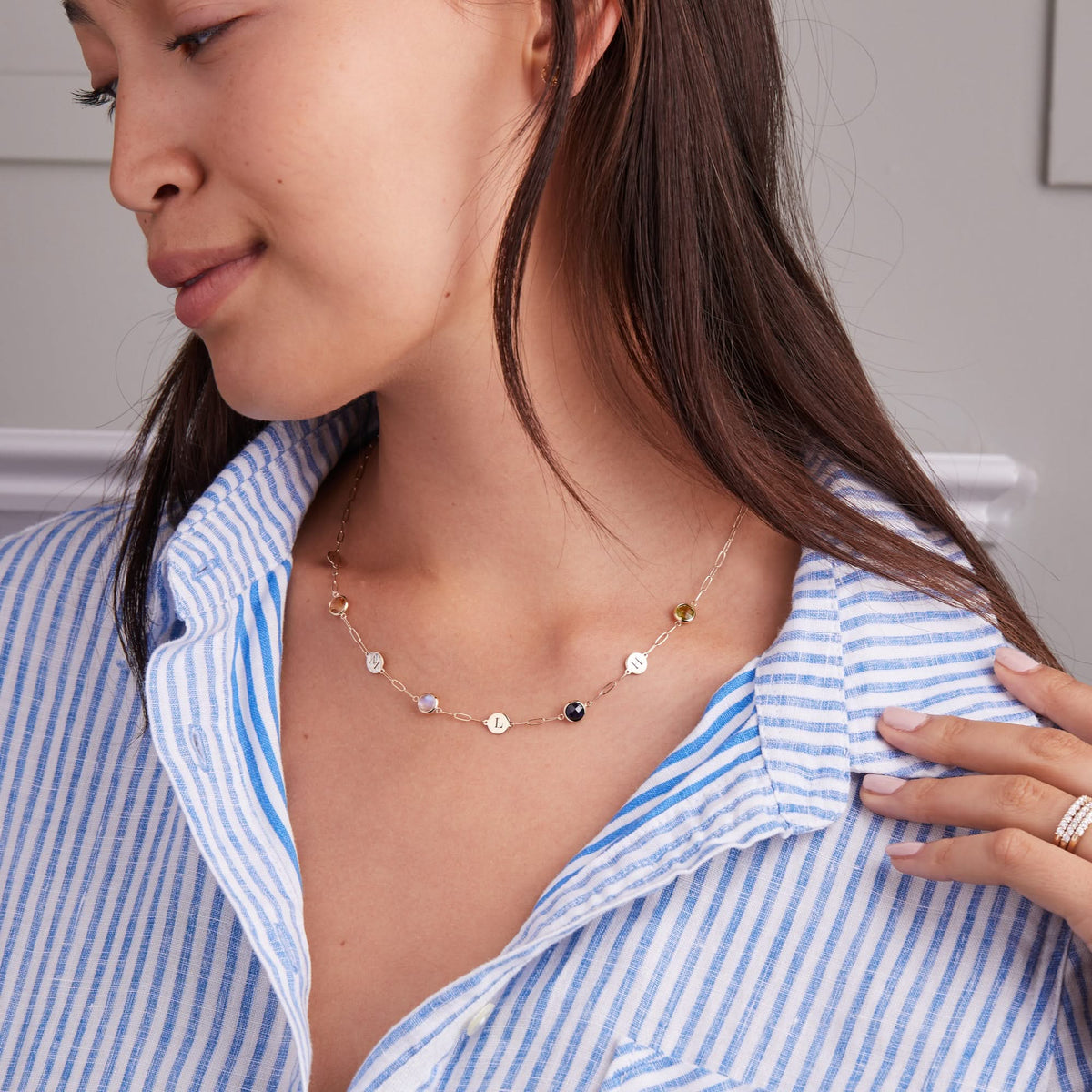 4 Letter & 4 Grand Birthstone Adelaide Mini Necklace in 14k Gold