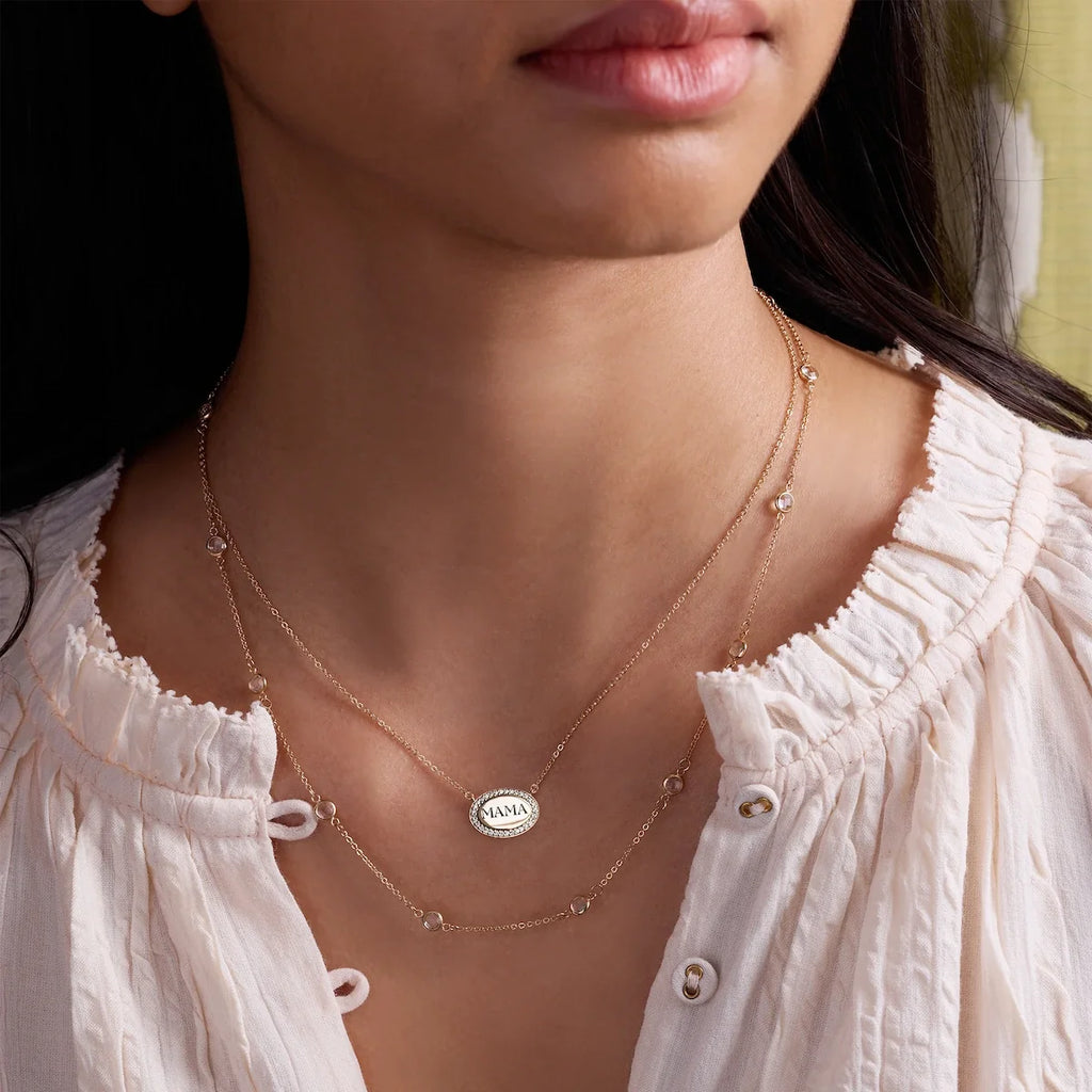 Mama Pavé Oval Necklace in 14k Gold