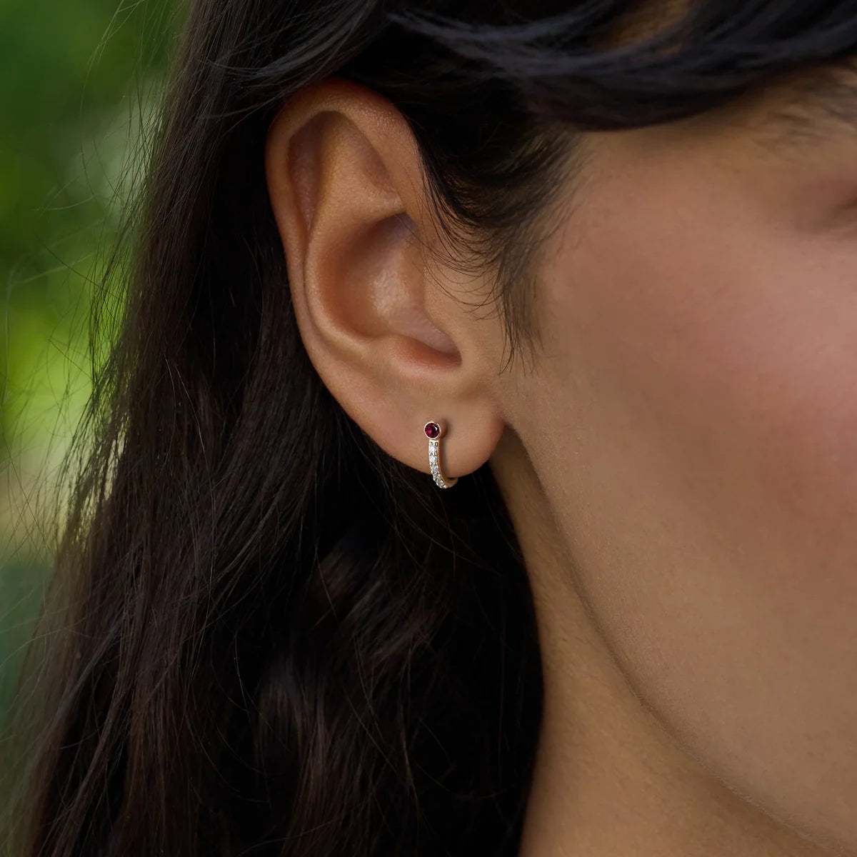 Ruby Medium Huggie Hoops with Diamonds in 14k Gold (July)