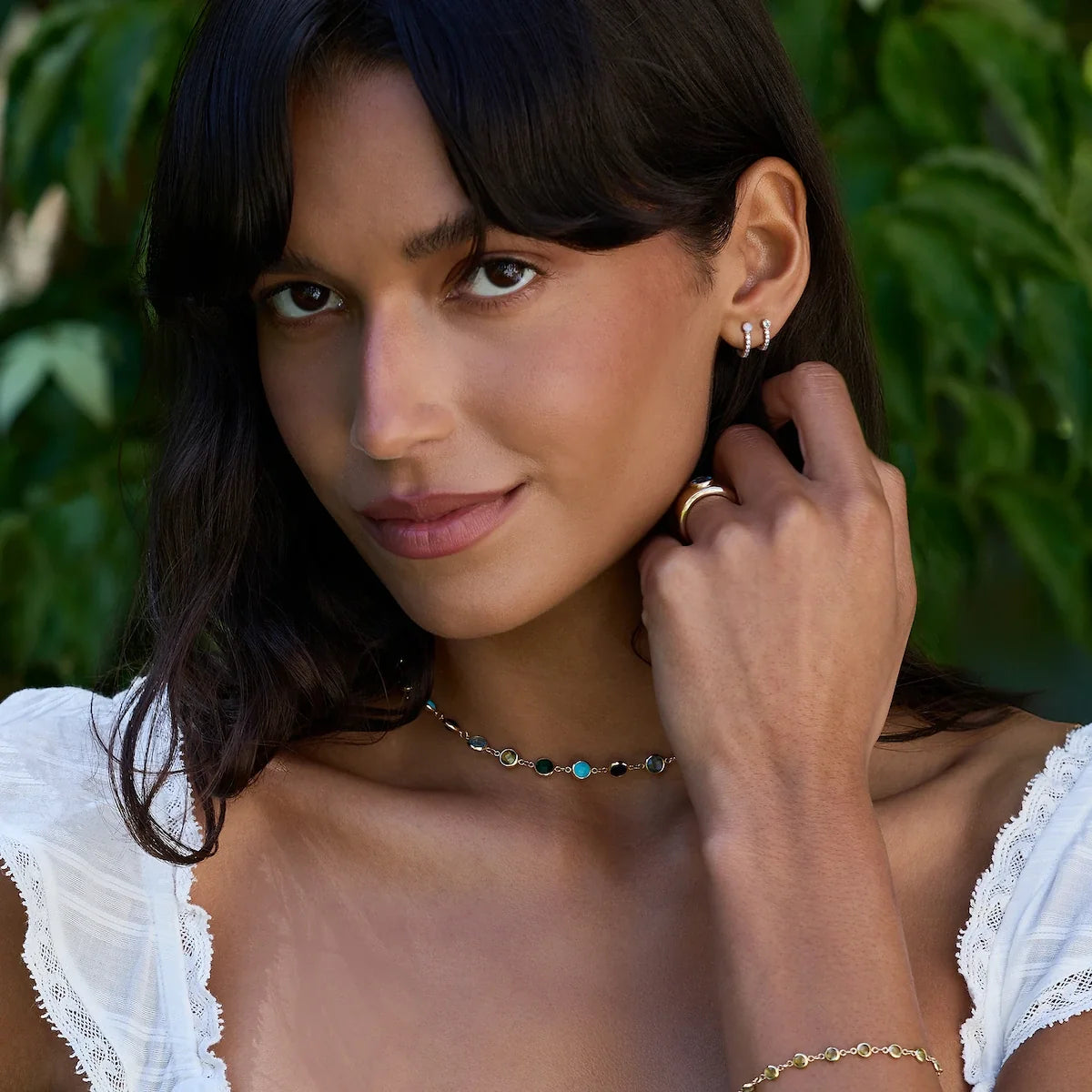 Opal Medium Huggie Hoops with Diamonds in 14k Gold (October)