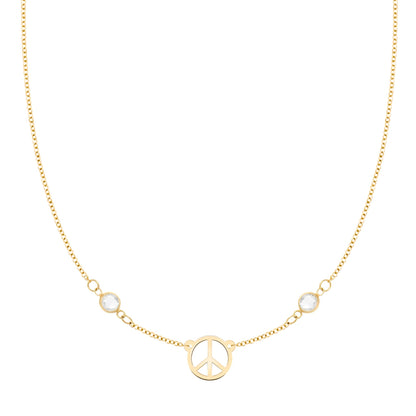 Small Peace Sign & 2 Birthstone Necklace in 14k Gold