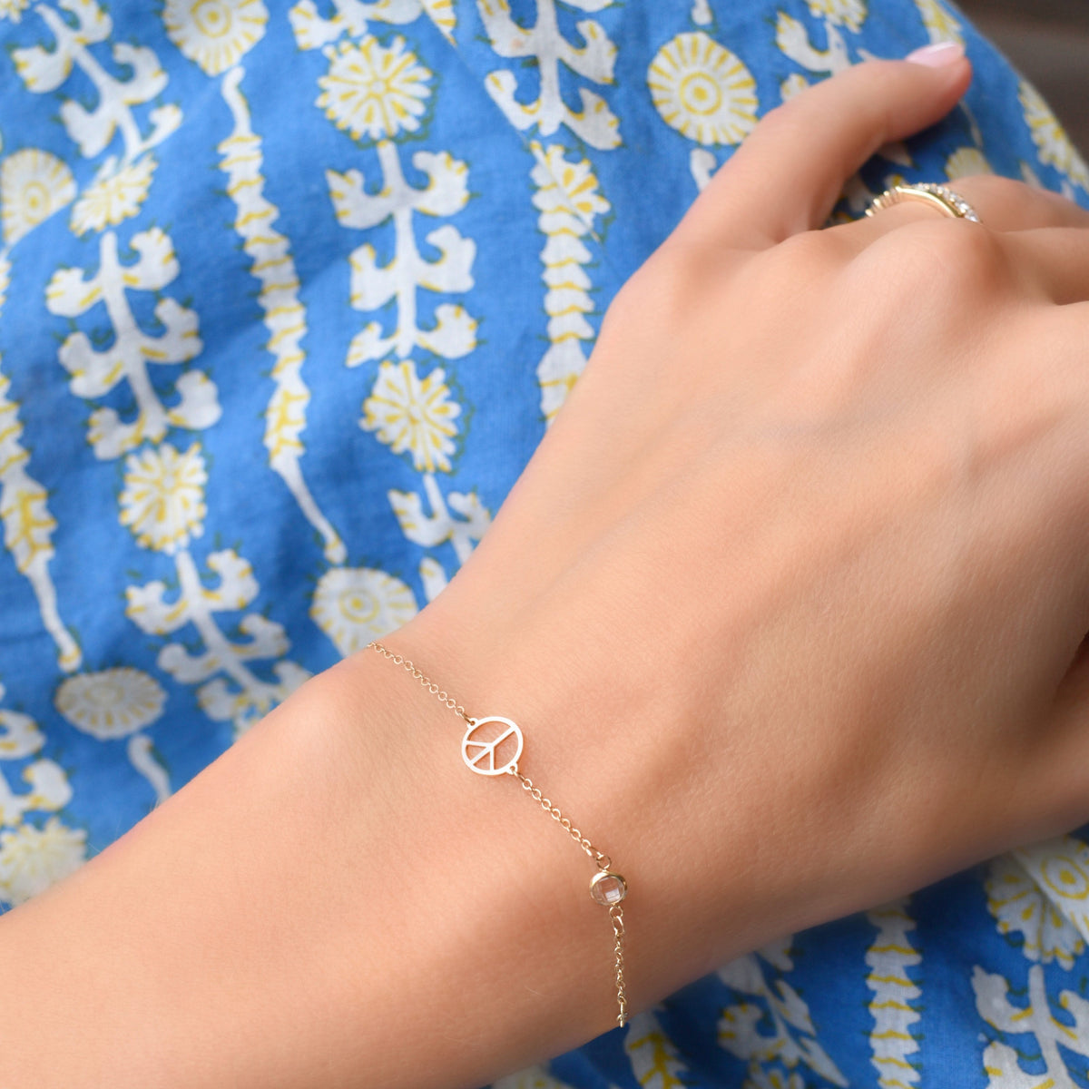 Peace Sign & 1 Birthstone Bracelet in 14k Gold