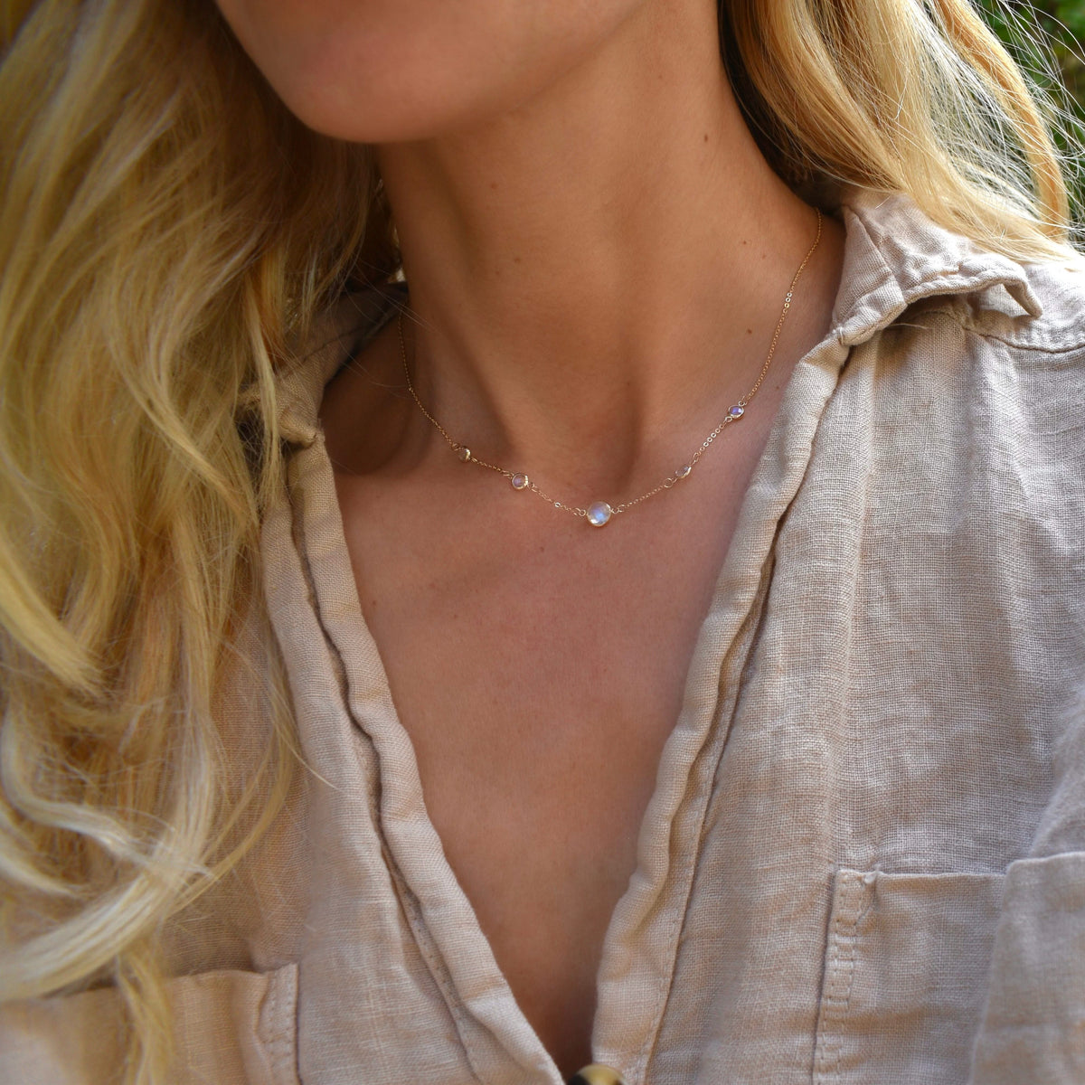 1 Grand & 4 Petite Moonstone Necklace in 14k Gold (June)