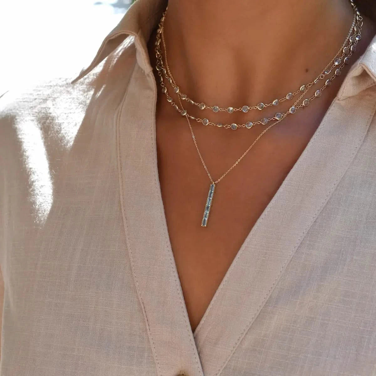 Newport Aquamarine Long Necklace in 14k Gold (March)