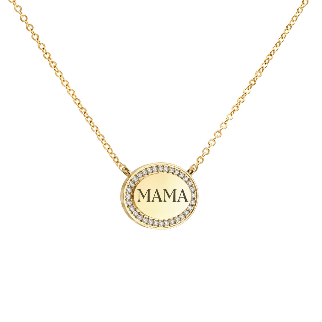 Mama Pavé Oval Necklace in 14k Gold
