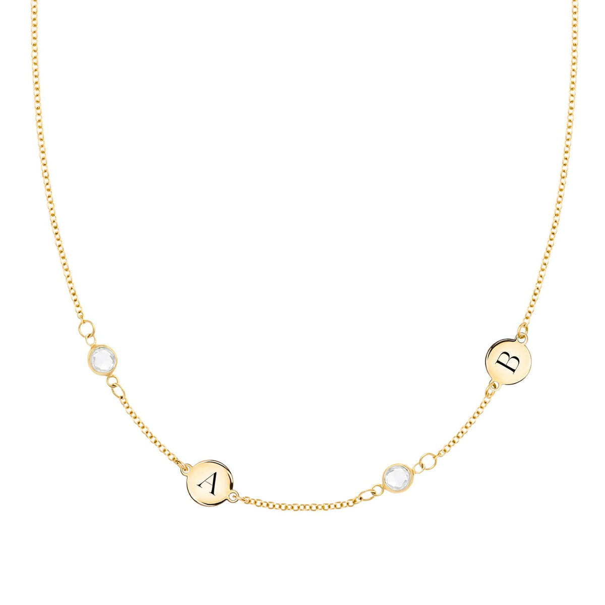 2 Letter & 2 Petite Birthstone Necklace in 14k Gold (Double Spacing)