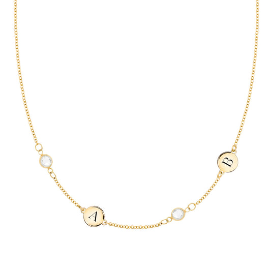 2 Letter & 2 Petite Birthstone Necklace in 14k Gold (Double Spacing)