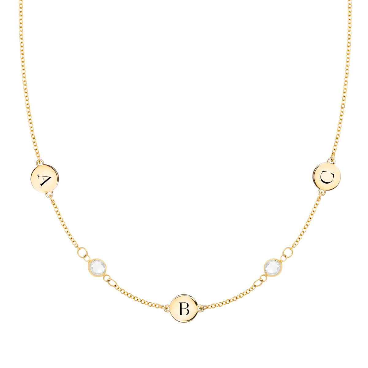 3 Letter & 2 Petite Birthstone Necklace in 14k Gold (Double Spacing)