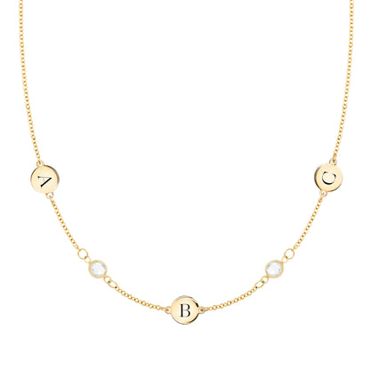 3 Letter & 2 Petite Birthstone Necklace in 14k Gold (Double Spacing)