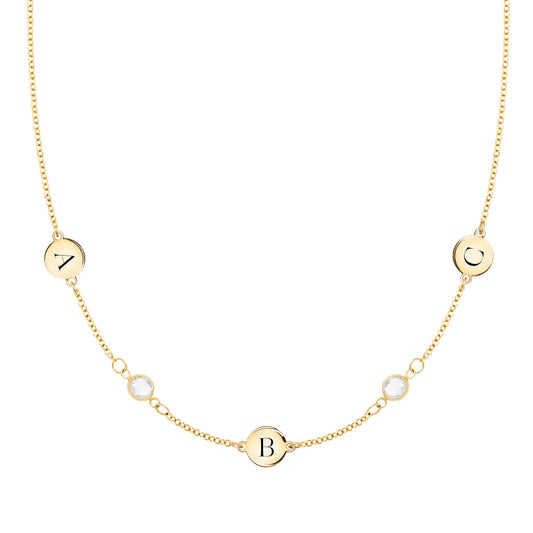3 Letter & 2 Petite Birthstone Necklace in 14k Gold (Double Spacing)
