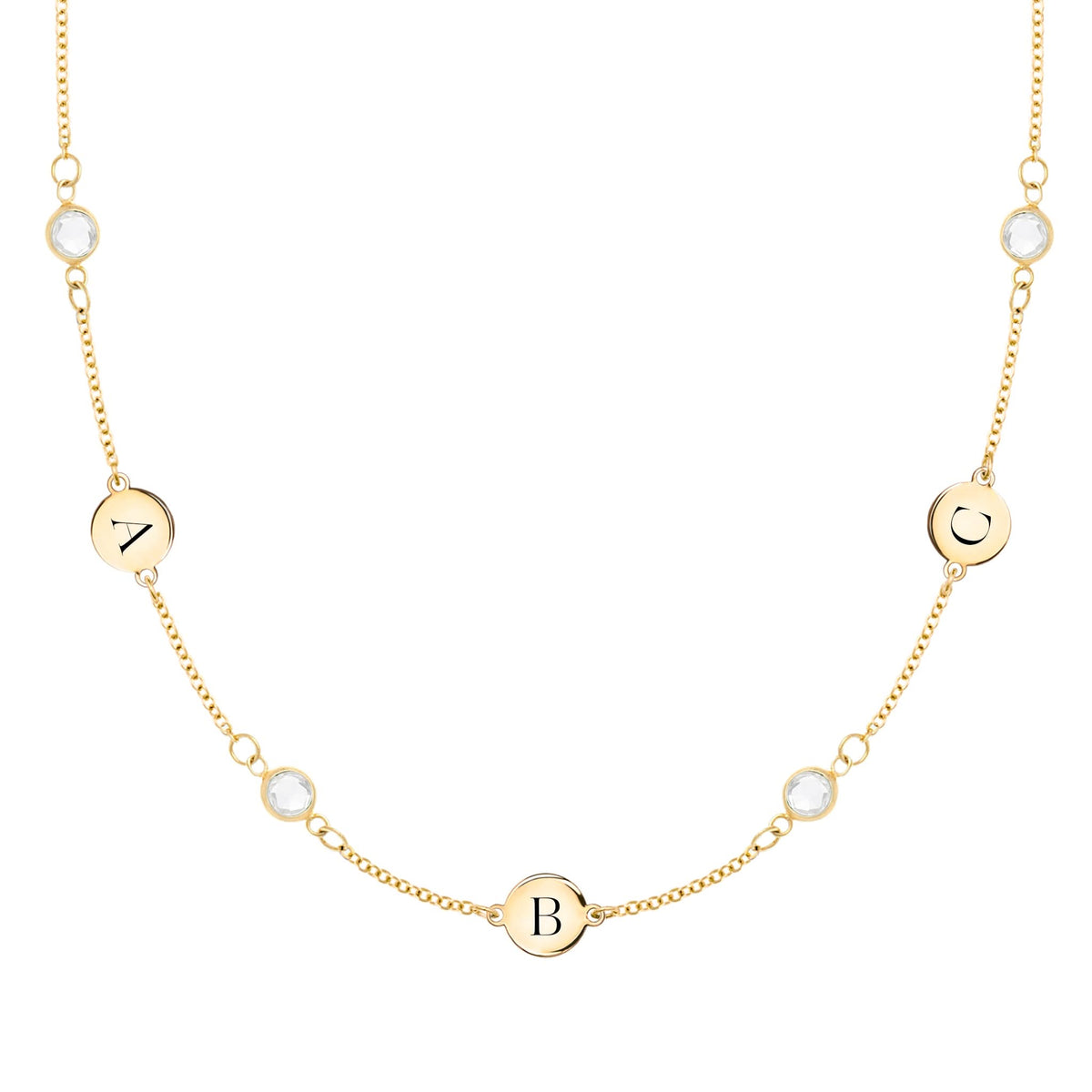 3 Letter & 4 Petite Birthstone Necklace in 14k Gold (Double Spacing)