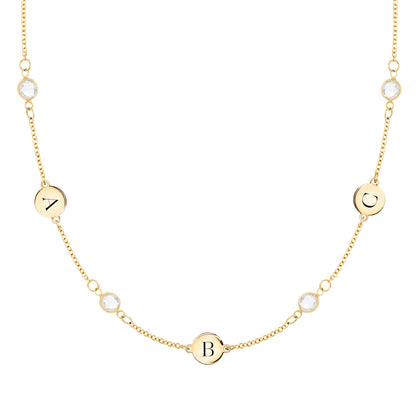 3 Letter & 4 Petite Birthstone Necklace in 14k Gold (Double Spacing)
