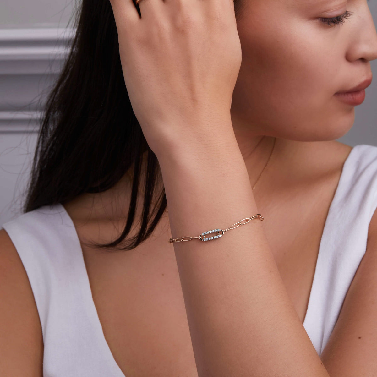 Adelaide 1 Pavé Aquamarine Link Bracelet in 14k Gold (March)
