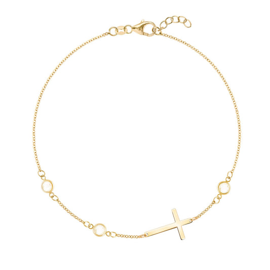 Cross & Petite 3 Birthstone Bracelet in 14k Gold