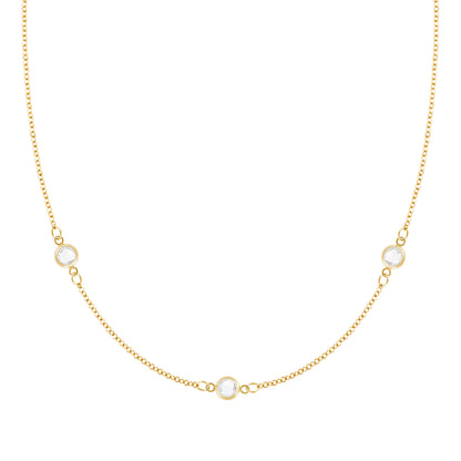 Personalized cable chain necklace featuring three 4 mm briolette cut gemstones bezel set in 14k yellow gold - front view